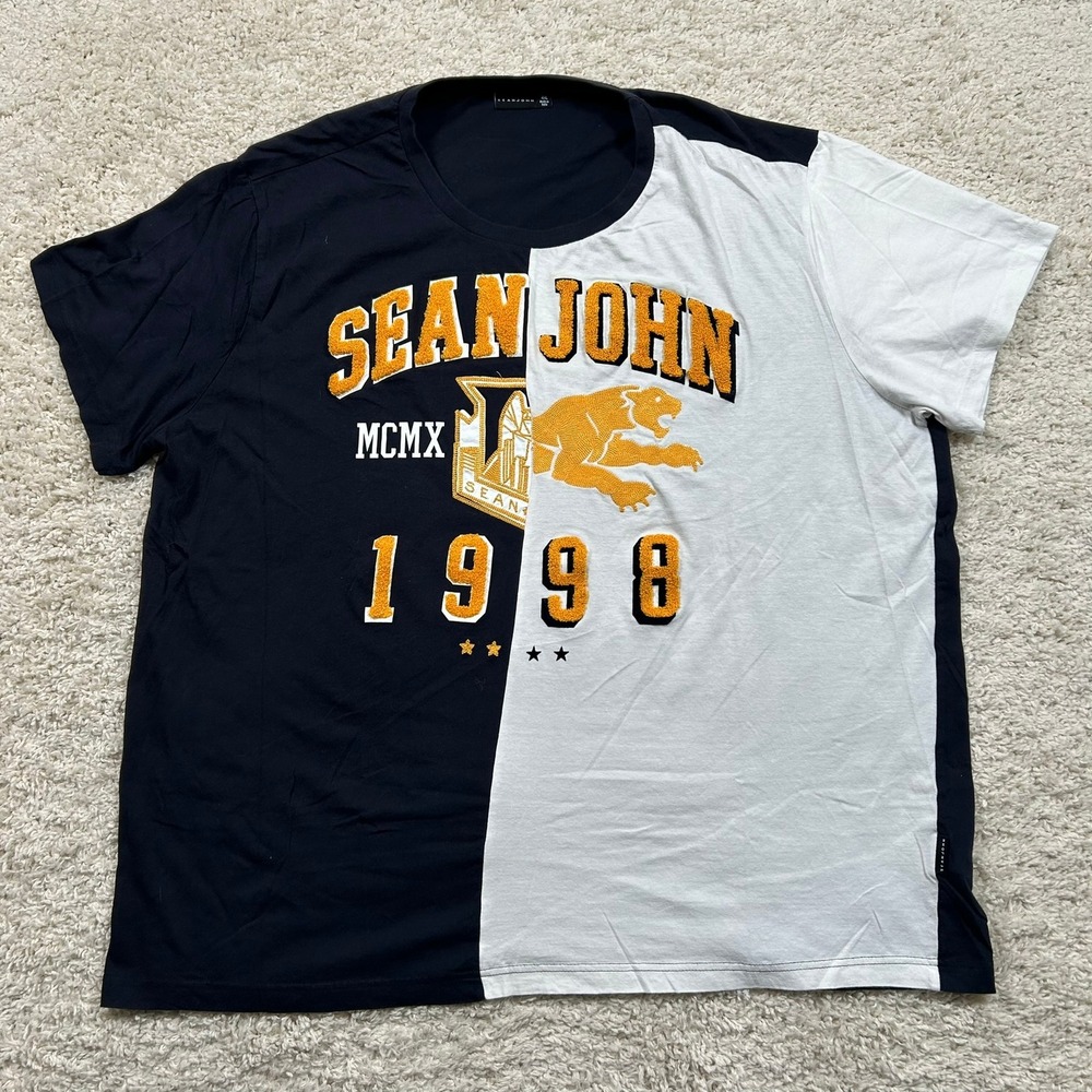 Sean John T-Shirt 4XL Navy White Split Chenille Graphic 1998 Panther Tee Y2K